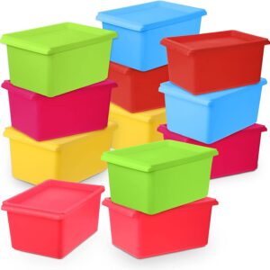 12 Pack Storage Cubby Bin with Lid Plastic Storage Container Multipurpose Stackable Storage Tubs for Classroom, Nursery, Playrooms and Home Kids Toys Books Organizer Bins, Assorted Colors